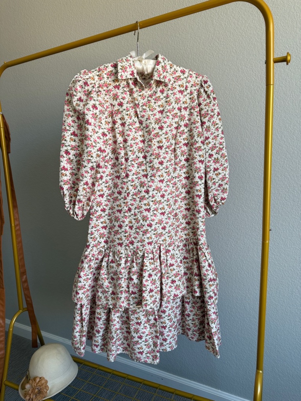 Floral Tiered Shirt Dress in Pink and Cream